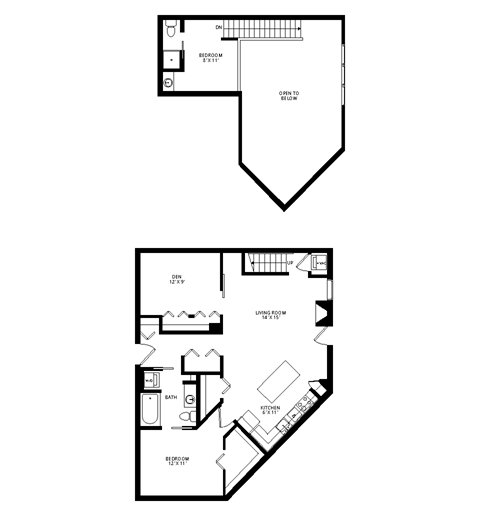 Floor plan for 2 beds, 1.5 baths, 1135 sqft